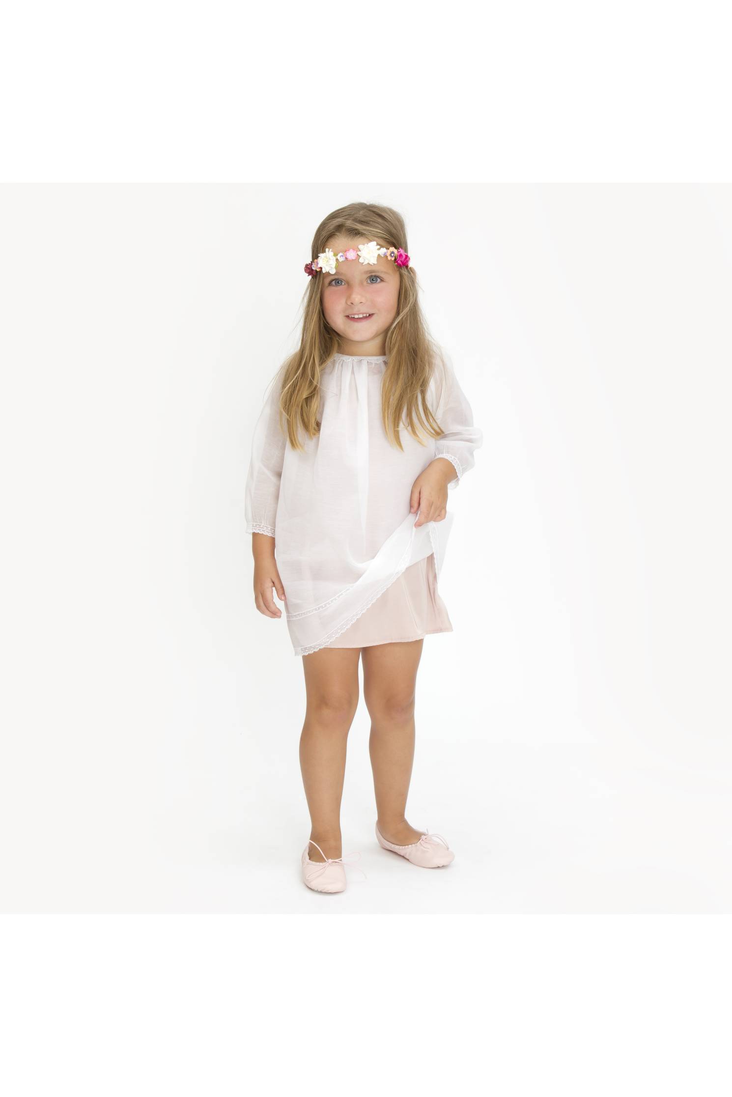 vestido lencero manga francesa c/b blanco nude