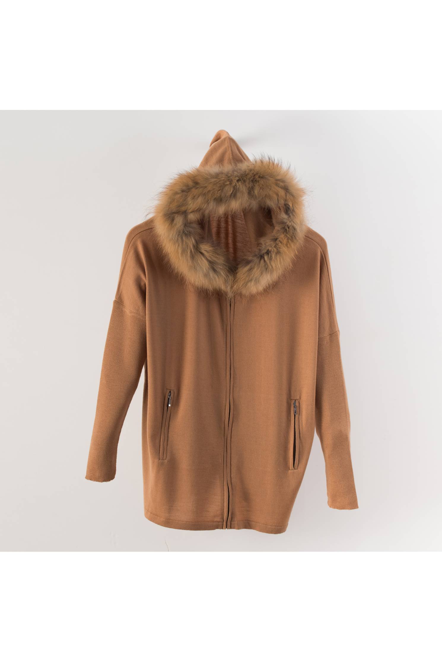 cardigan cremallera capucha piel natural camel mujer