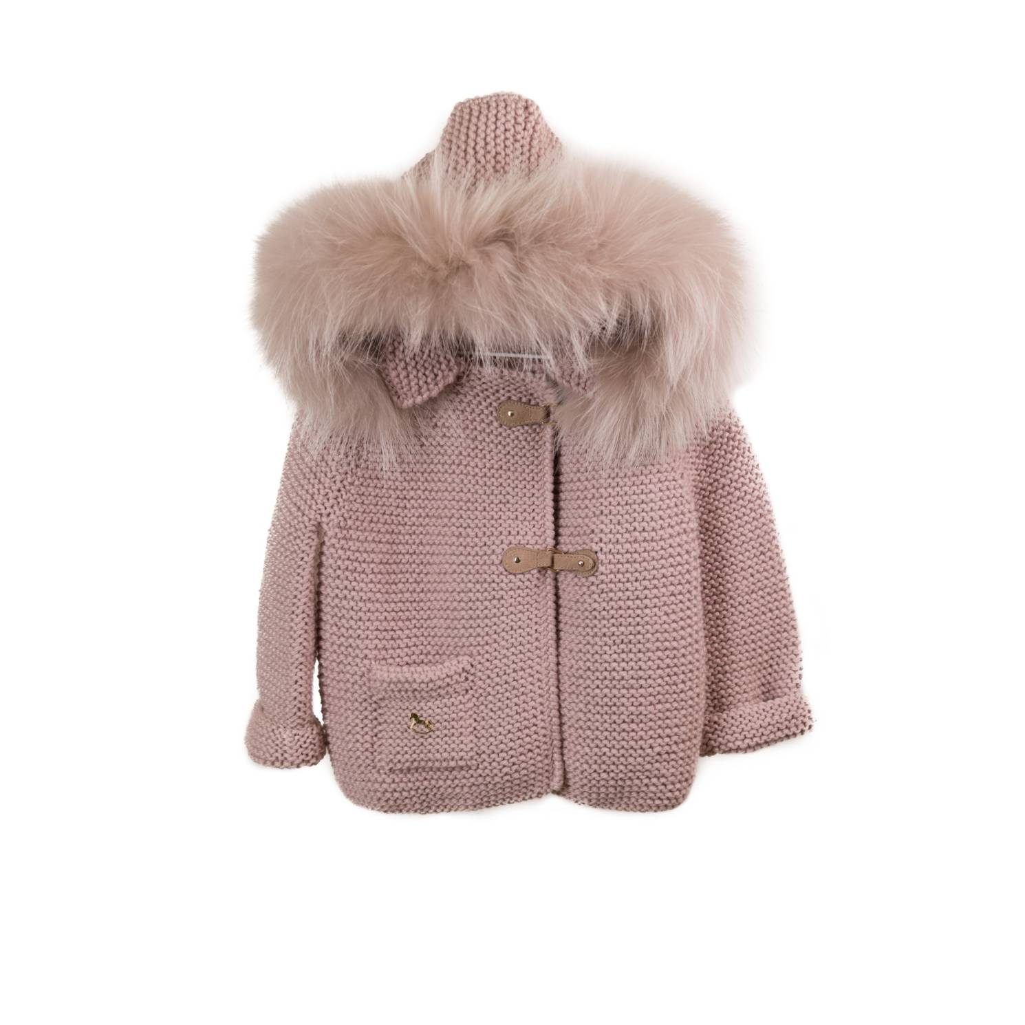 abrigo capucha merino pelo natural bolsillos rosa empolvado
